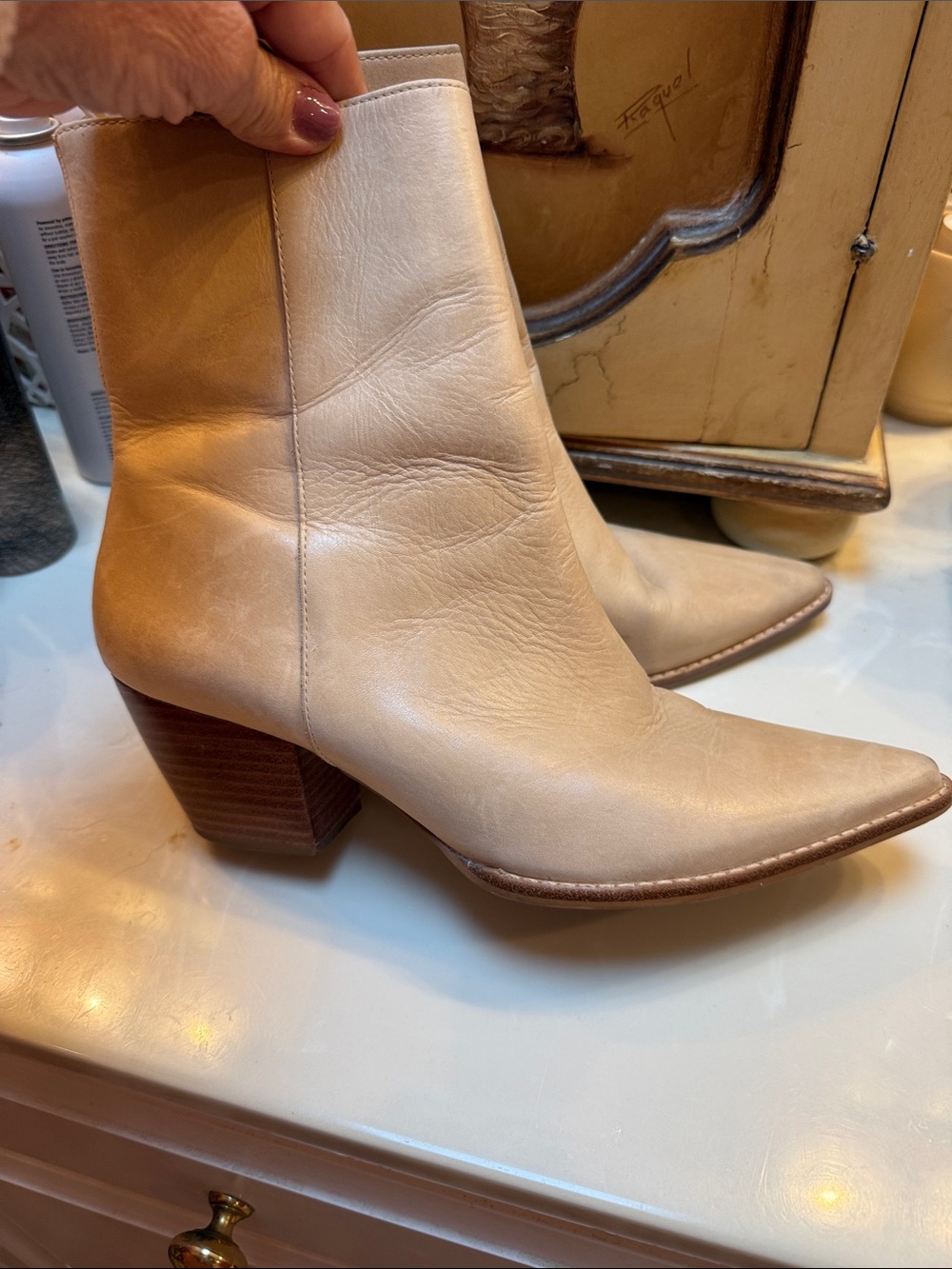 Pointed Toe Cream Leather Ankle Boot with Stacked Block Heel